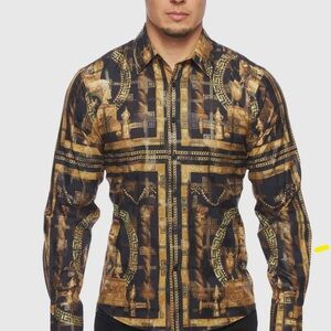 New Men's Design Block Black and Gold Patterned Long Sleeve Button Shirt M-XXL